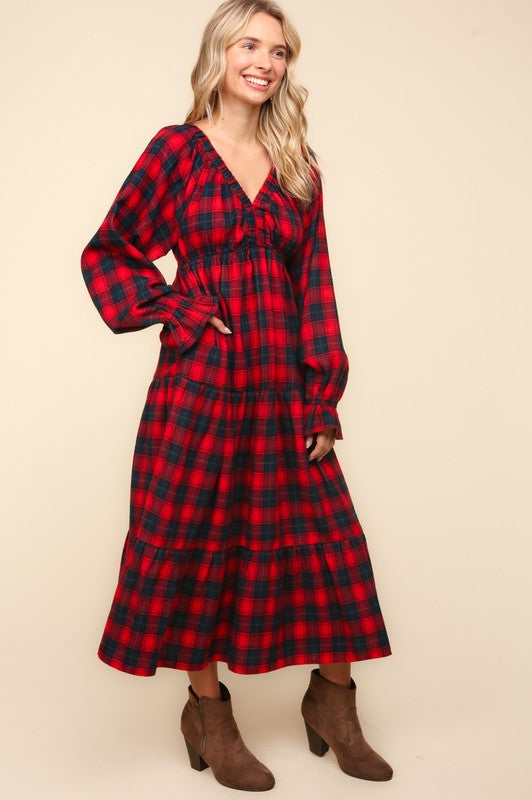 Haptics Holiday Red Plaid Elastic V Neck Tiered Maxi Dress Haptics