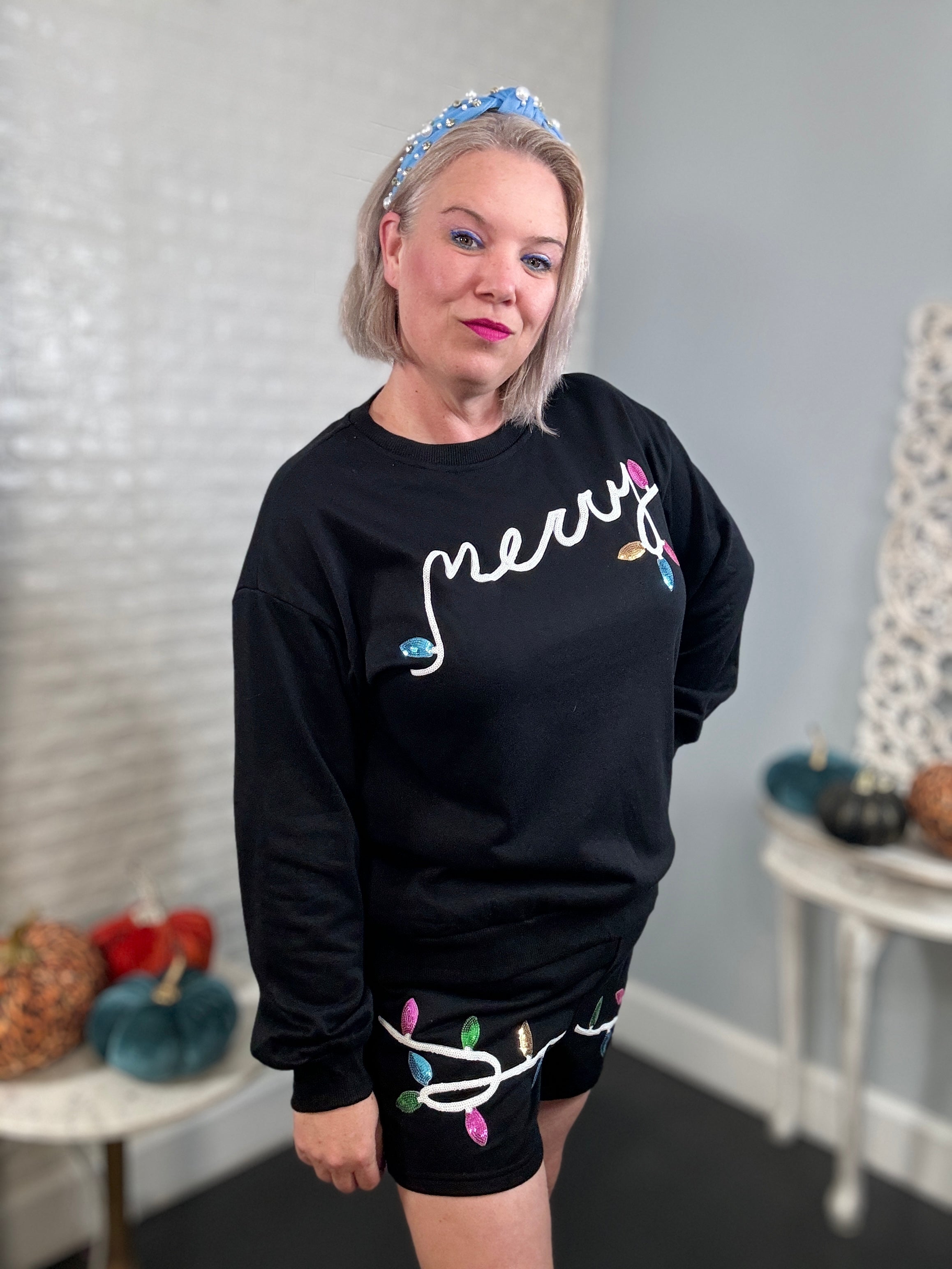 Black Sequin Merry Graphic Pullover and Shorts Outfit Ruby Idol Apparel