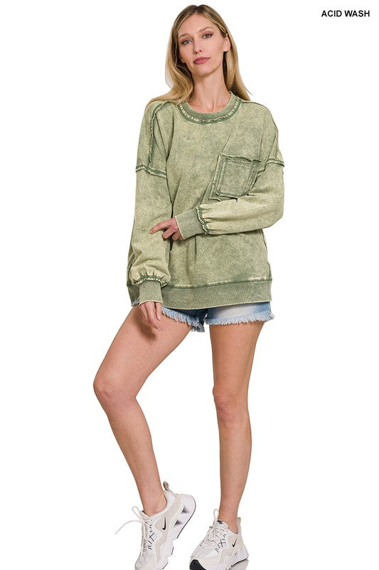 Zenana Light Olive Acid Washed French Terry Exposed Seam Dropped Shoulder Sweatshirt Trendsi