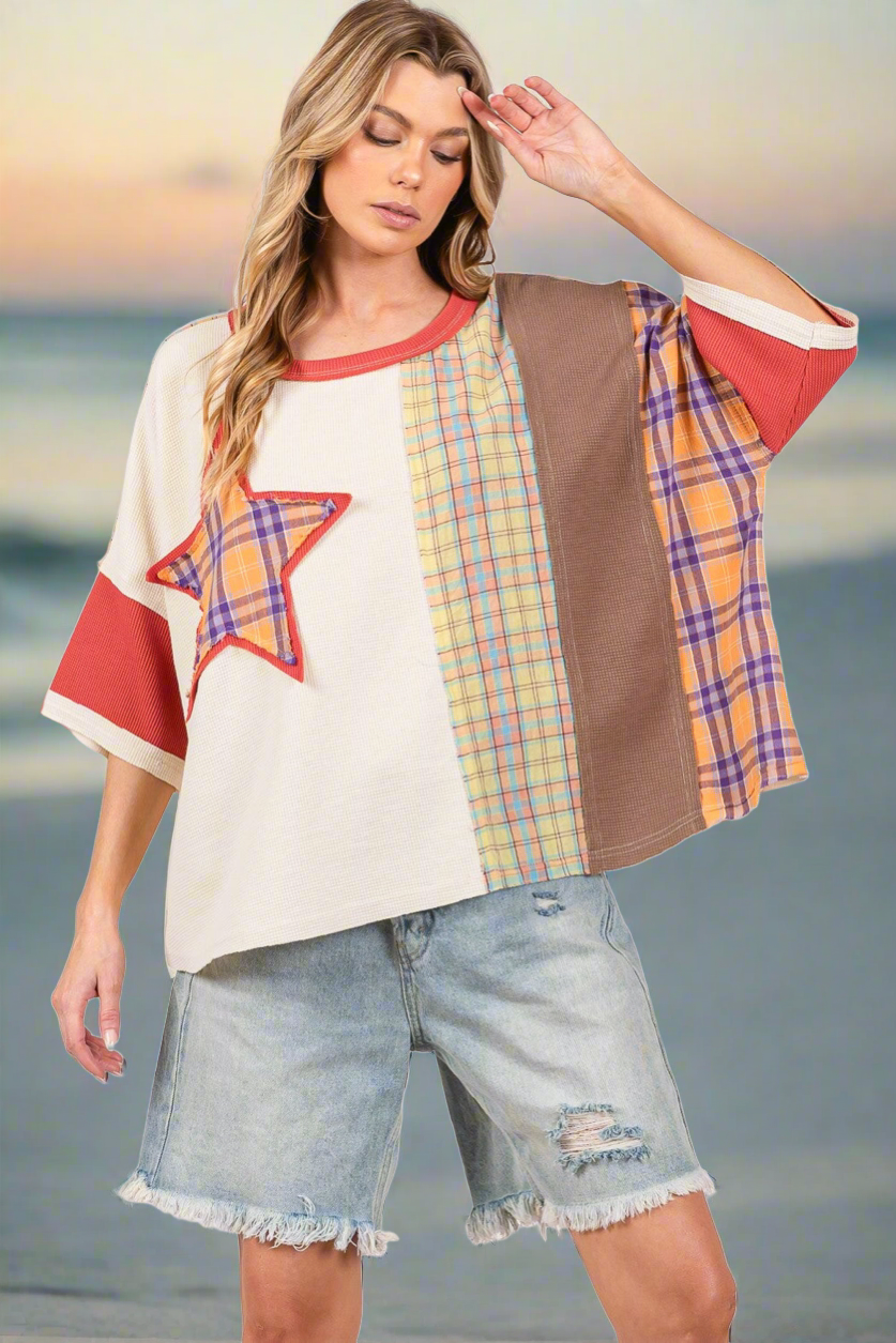 SAGE + FIG Round Neck Plaid Star Patch T-Shirt in Berry Berry Trendsi