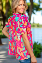 Haptics Summer Vibes Fuchsia Abstract Print Frill Notch Neck Puff Sleeve Top Final Sale Haptics