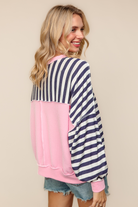 Haptics Navy & Pink Crew Neck With Triangle Detail Drop Shoulder Loose Fit Oversized Long Sleeve Color Block Stripe French Terry Pullover