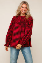 Haptics Red Frilled Mock Neck Gingham Check Woven Blouse