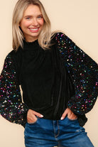 Haptics Black Velvet & Sequin Frill Mock Neck Top Haptics