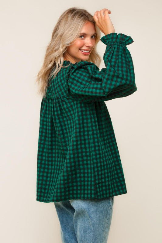 Haptics Green Frilled Mock Neck Gingham Check Woven Blouse