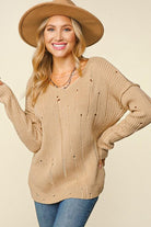 Haptics Eyes On You Taupe Distressed V Neck Ribbed Sweater Haptics