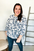 Haptics Vintage Chic Navy & Ivory Three-Quarter Bow Sleeve Contrast Stripe Blouse