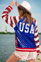 BiBi US Flag Theme Color Block Sequin Bomber Jacket American Flag Trendsi