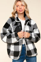 Haptics Black & Ivory Plaid Sherpa Button Down Jacket Haptics