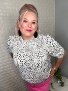 Preorder: White and Black Dalmatian Printed Ruched Smocked Mock Neck Blouse Trendsi