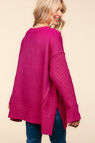 Haptics Magenta Oversized V Neck Rib Knit Sweater Haptics