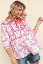 Haptics Hot Pink/White Notched Neck With Bow Ribbon Tie Woven Top