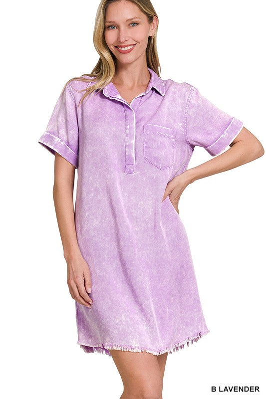 Zenana Classic Blue Tencel Mineral Washed Collared Shirt Dress