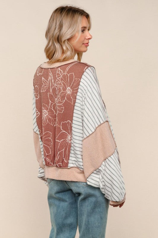 Haptics Mocha/Oatmeal Oversized Striped and in Floral Long Sleeve Dolman Top