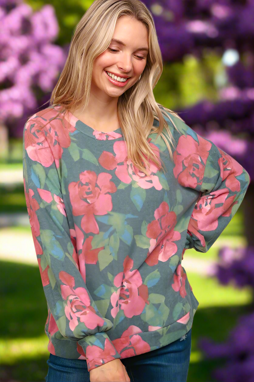 Haptics Hunter Green Floral Brushed Hacci Sweater Top Haptics