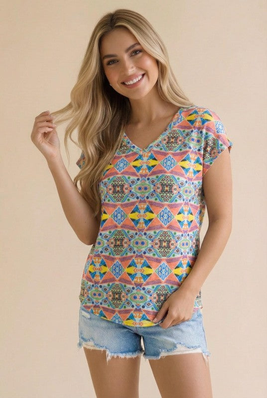 Haptics Boho Mosaic V-Neck Tee in Sunset Hues
