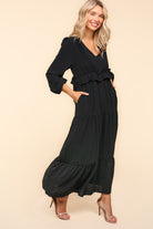 Haptics Black V Neck Pintuck Detail Frill Maxi Dress