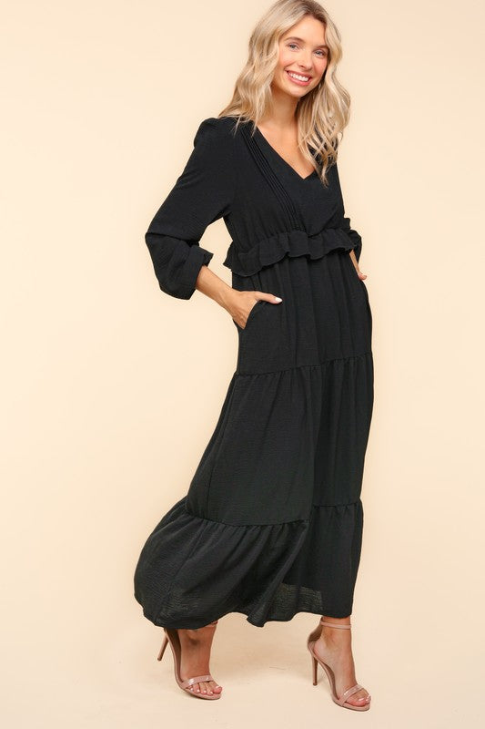 Haptics Black V Neck Pintuck Detail Frill Maxi Dress Haptics