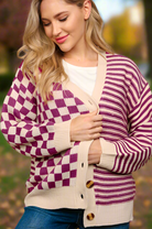 Haptics Magenta Checkered & Striped Button-Down Cardigan Haptics