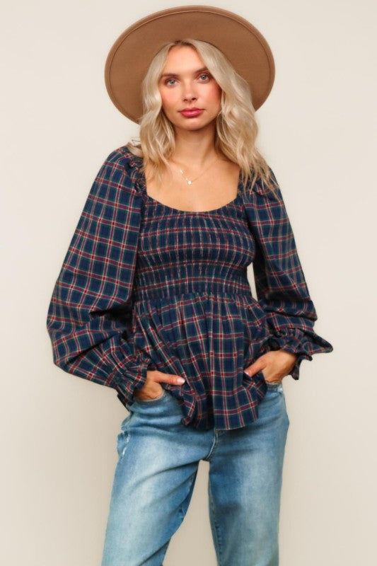 Haptics Navy & Hunter Green Smocking V-Neck Babydoll Plaid Woven Top