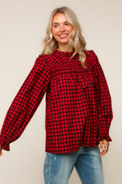 Haptics Red Frilled Mock Neck Gingham Check Woven Blouse