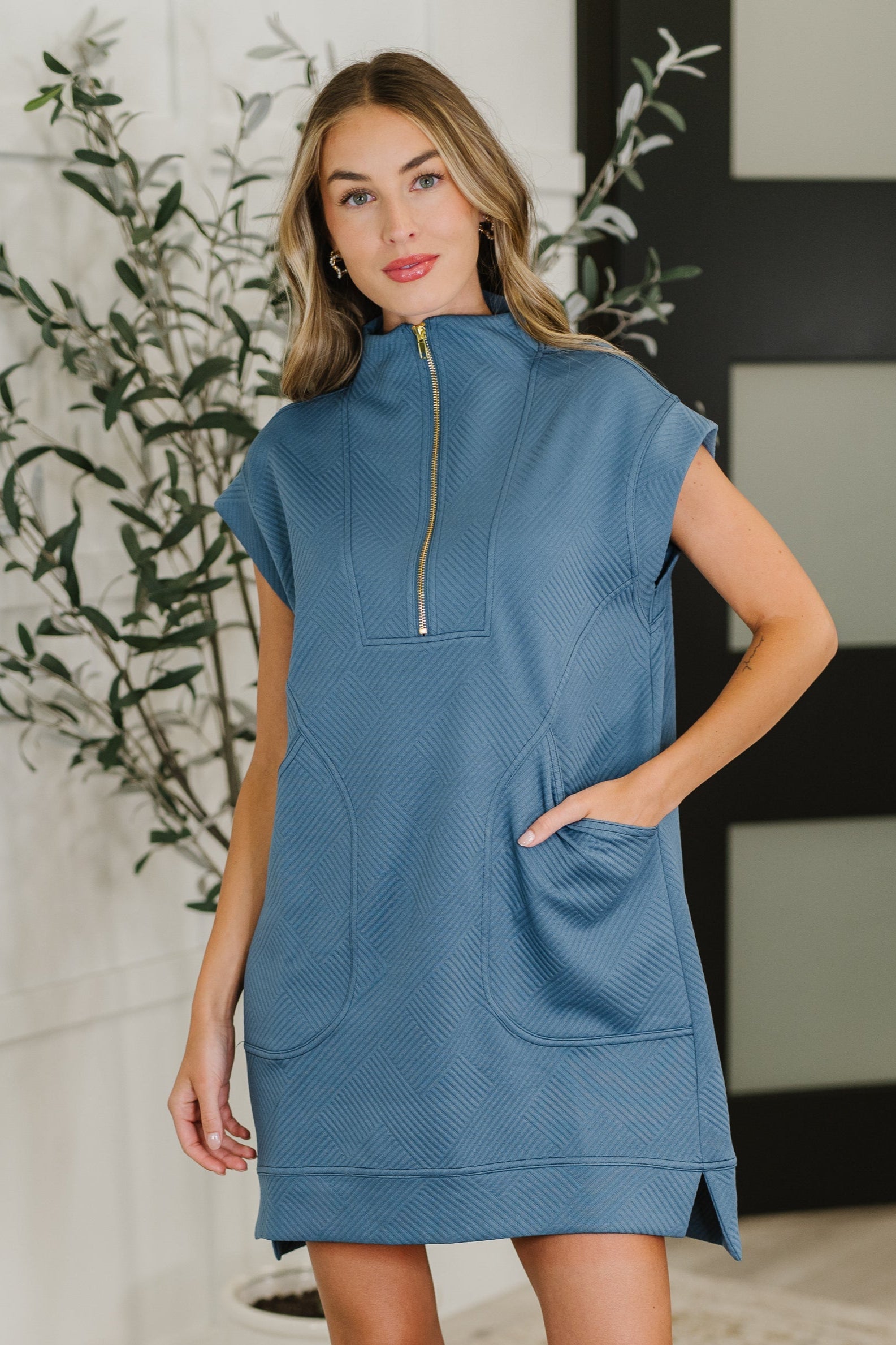 Zenana Easy Hustle High Neck Dress in Dusty Blue Womens