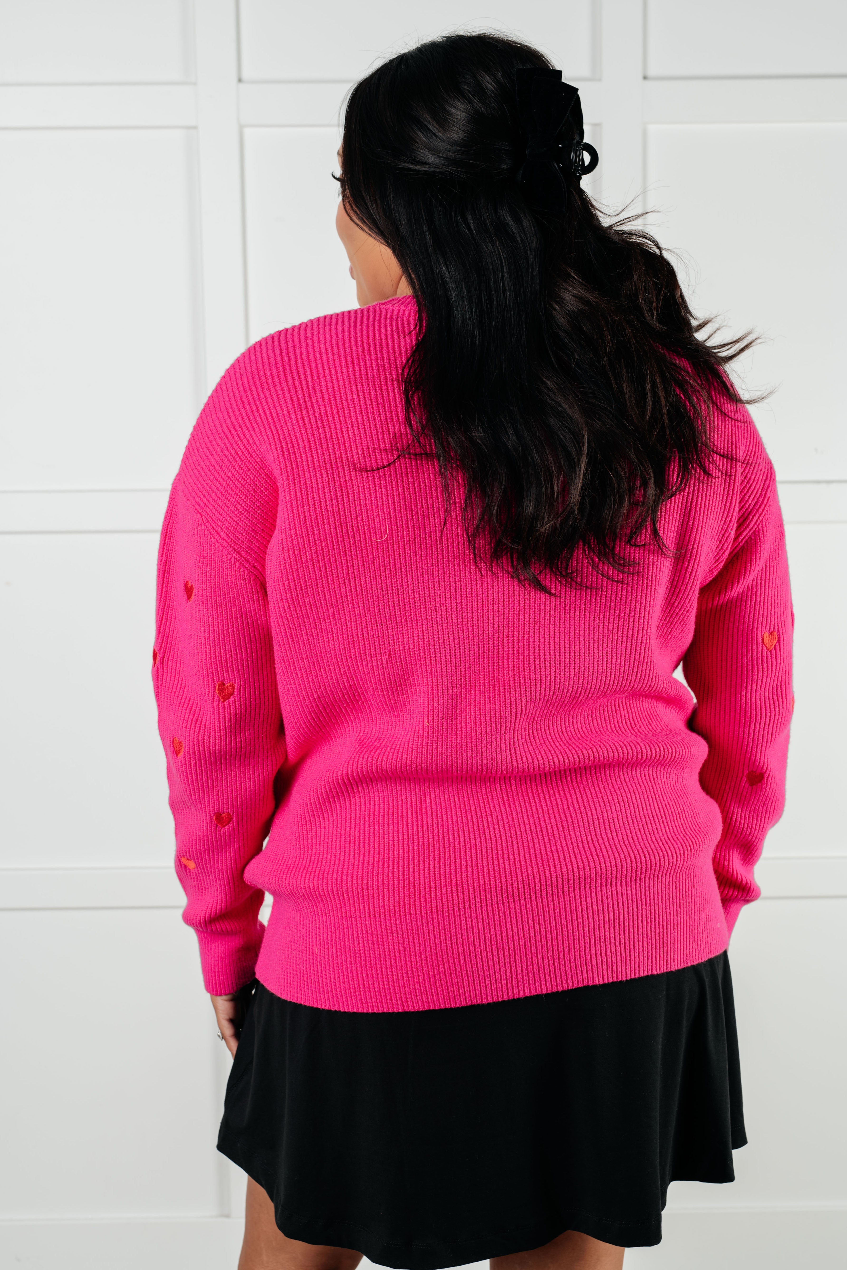 One Eleven North Pink & Red Eat Your Heart Out Ribbed Embroidered Hearts Crewneck Sweater Tops