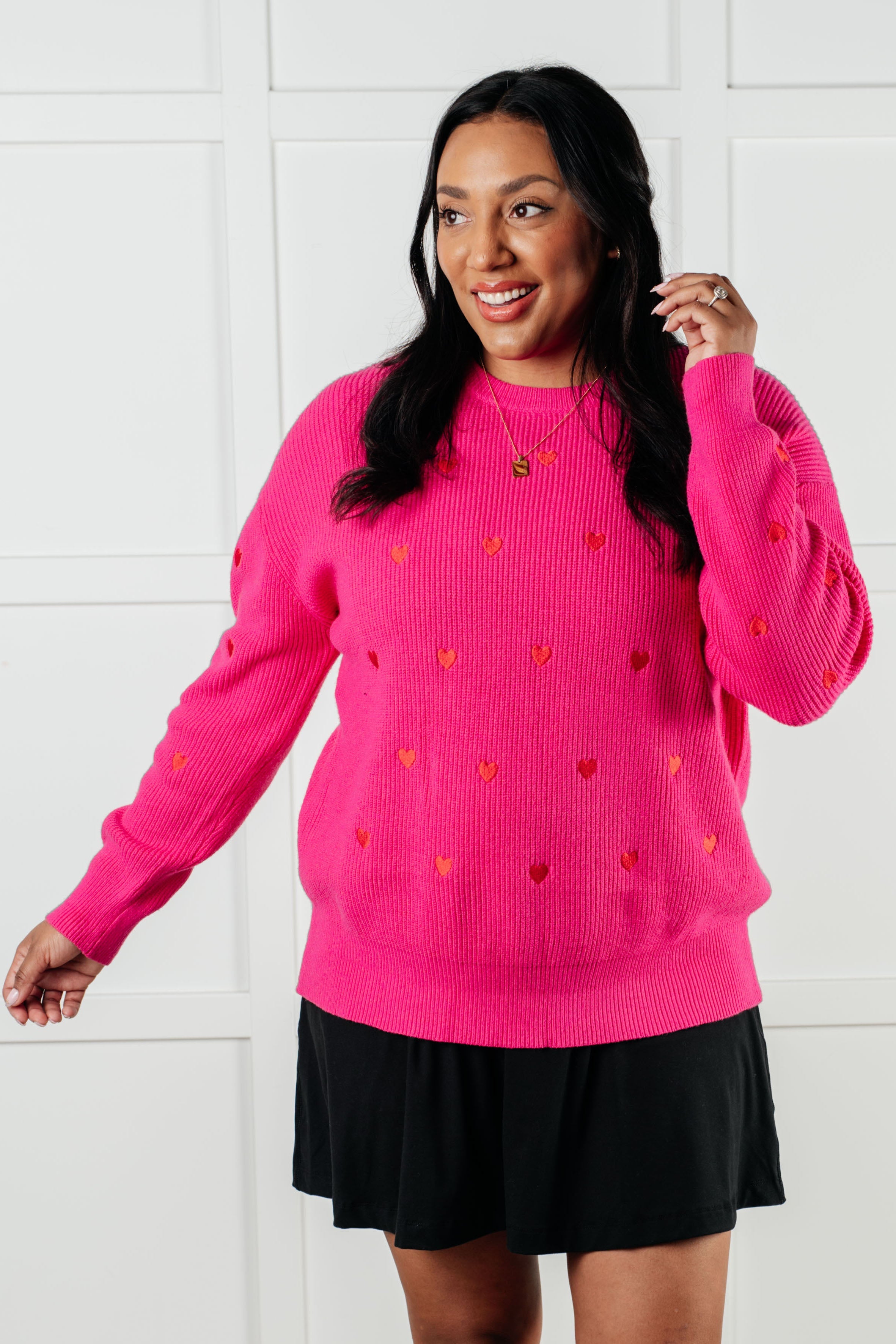 One Eleven North Pink & Red Eat Your Heart Out Ribbed Embroidered Hearts Crewneck Sweater Tops