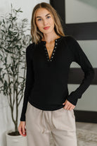 Mono B Effortless Edge Knit Henley Top in Black Womens