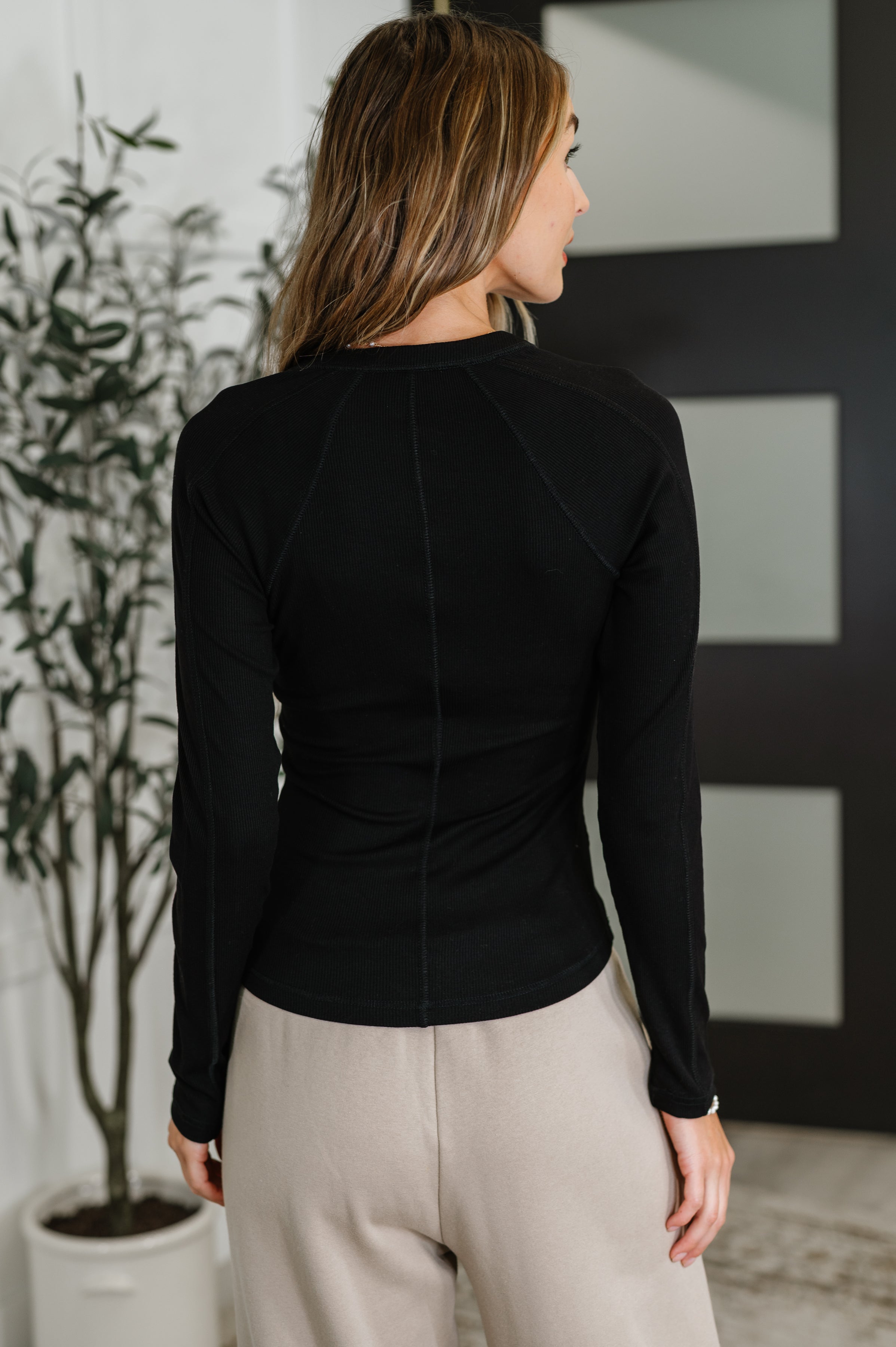 Mono B Effortless Edge Knit Henley Top in Black Womens