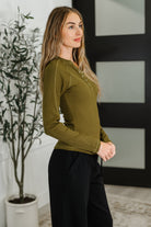 Mono B Effortless Edge Knit Henley Top in Camo Green Womens