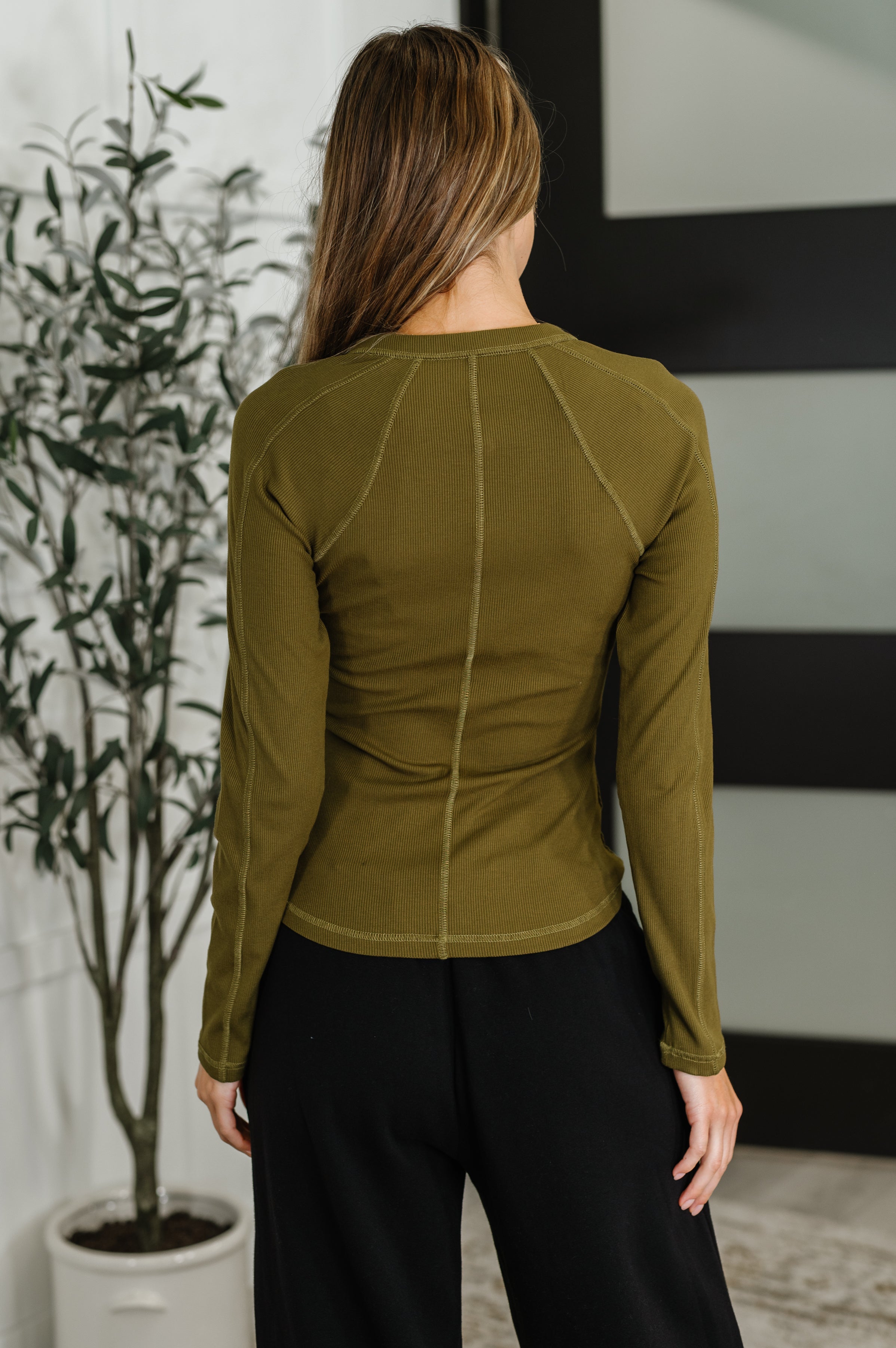 Mono B Effortless Edge Knit Henley Top in Camo Green Womens