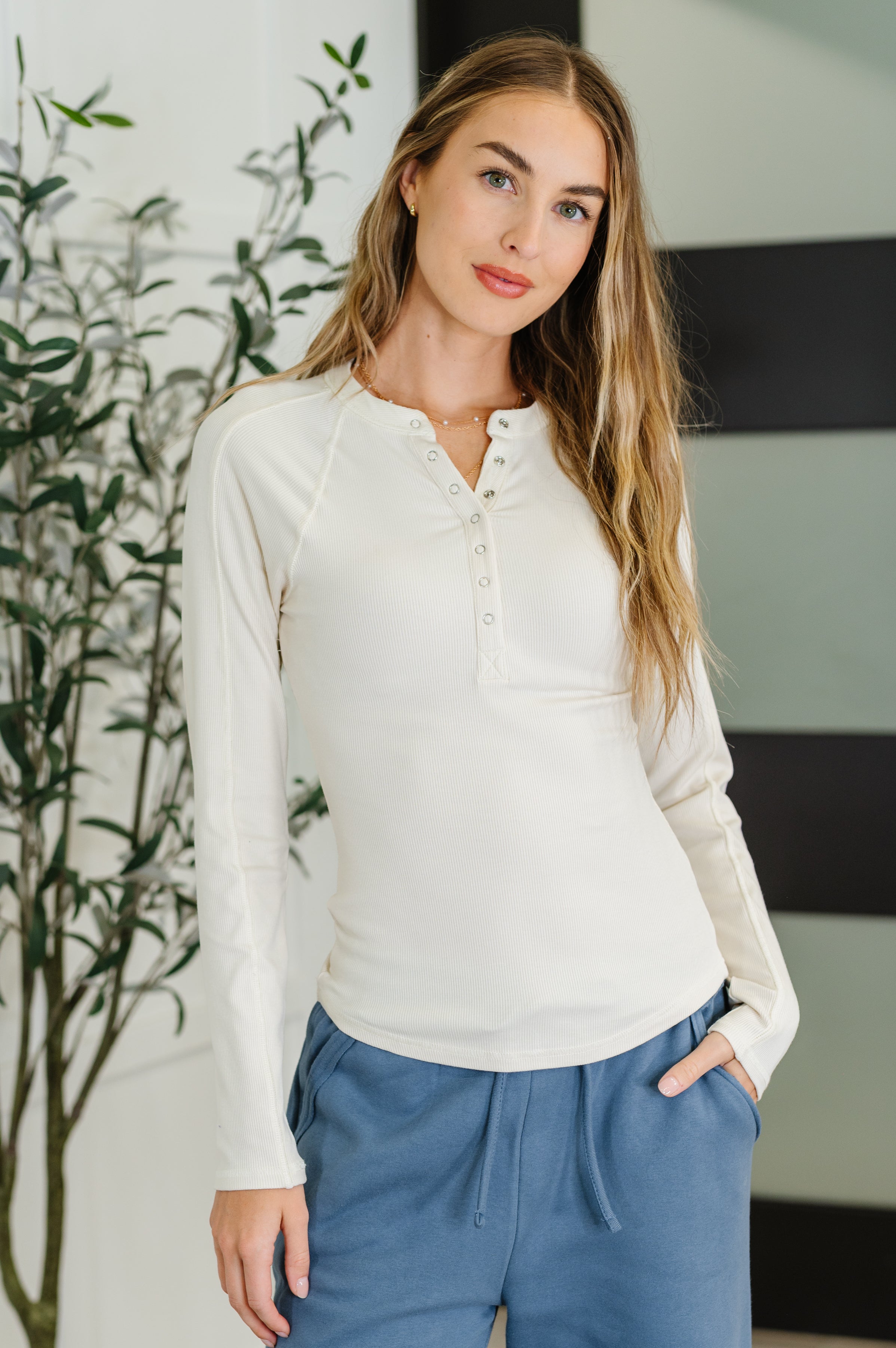 Mono B Effortless Edge Knit Henley Top in Natural Womens