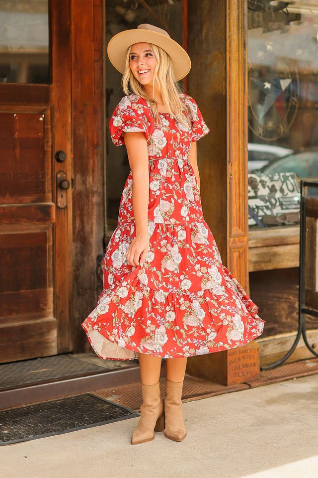 Southern Grace Elizabeth Midi Dress in Rust and Floral Dresses