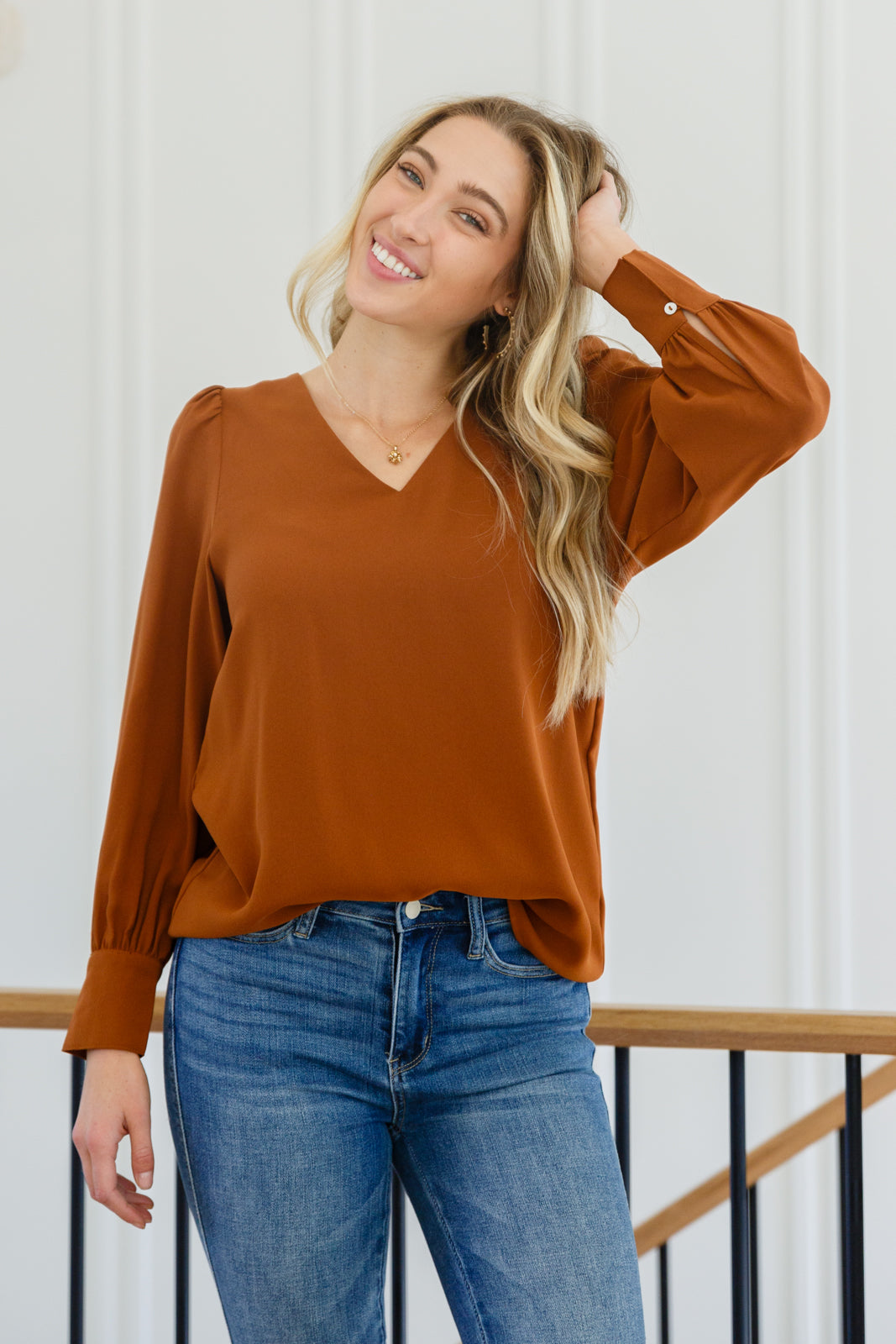 Jodifl 2X-3X Enjoy This Moment V Neck Blouse In Toffee Ave Shops