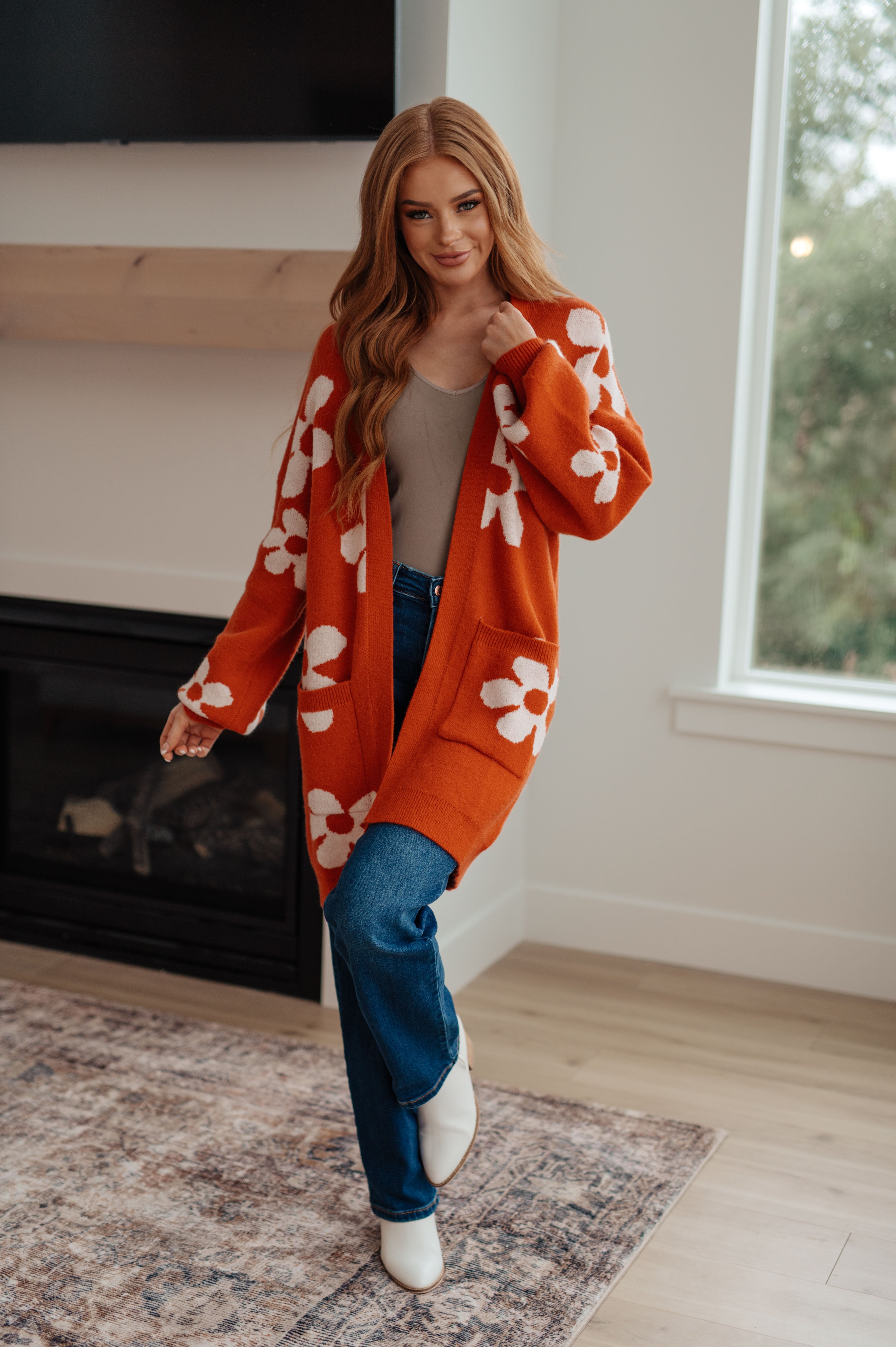 Jodil Anyways Floral Cardigan in Burnt Orange Layers