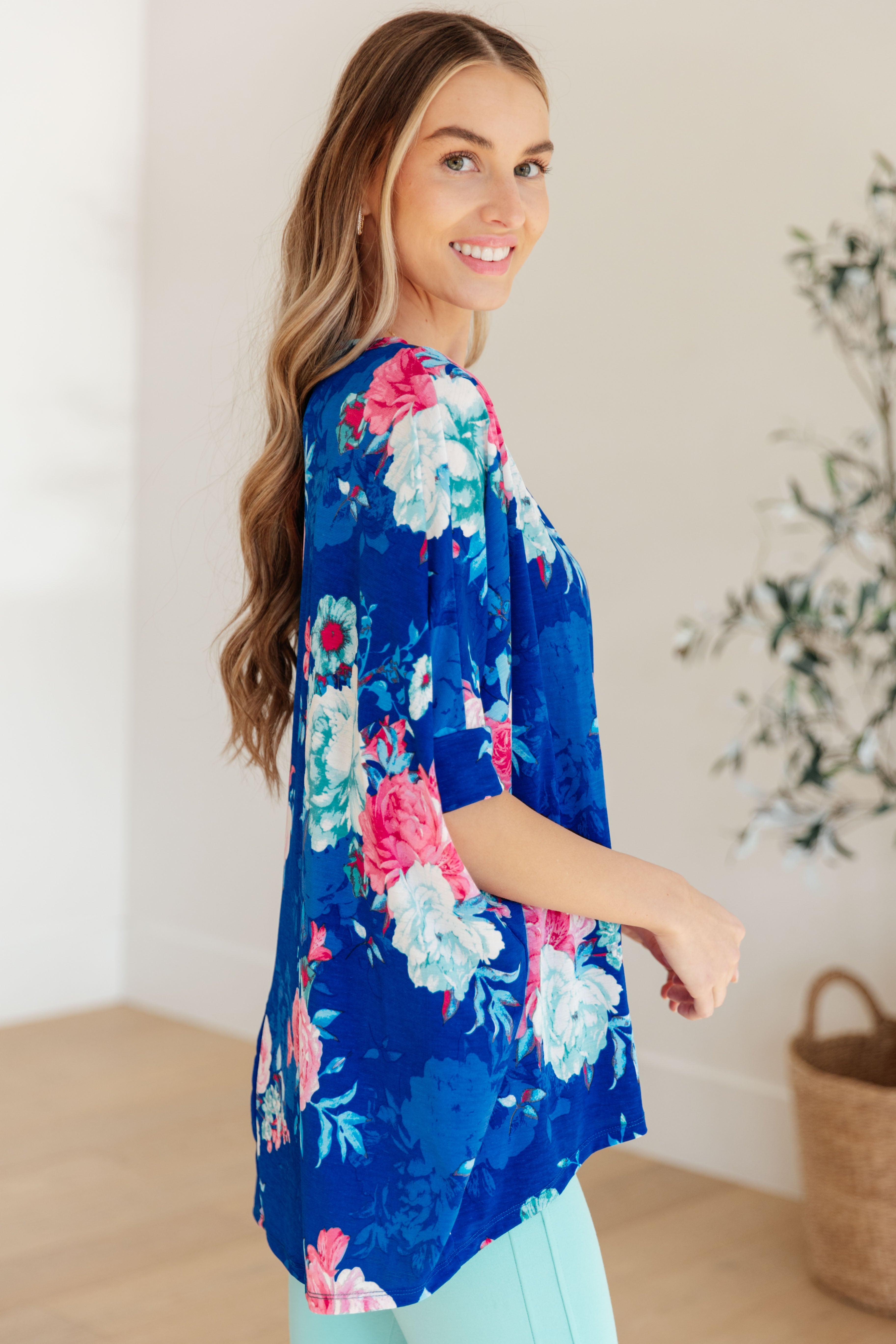 Dear Scarlett Essential Blouse in Royal and Pink Floral Final Sale Monday Markdown 06-10