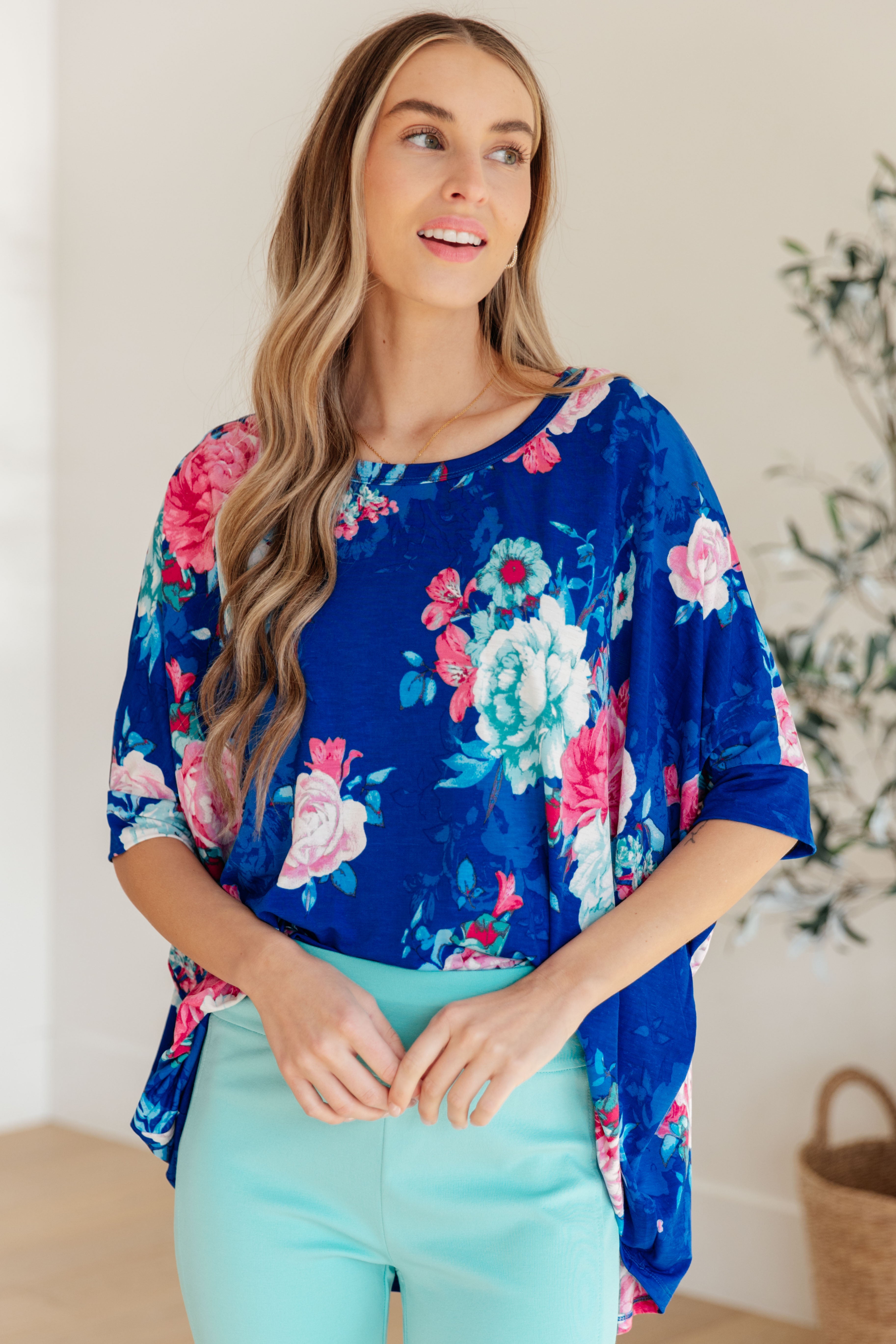 Dear Scarlett Essential Blouse in Royal and Pink Floral Final Sale Monday Markdown 06-10