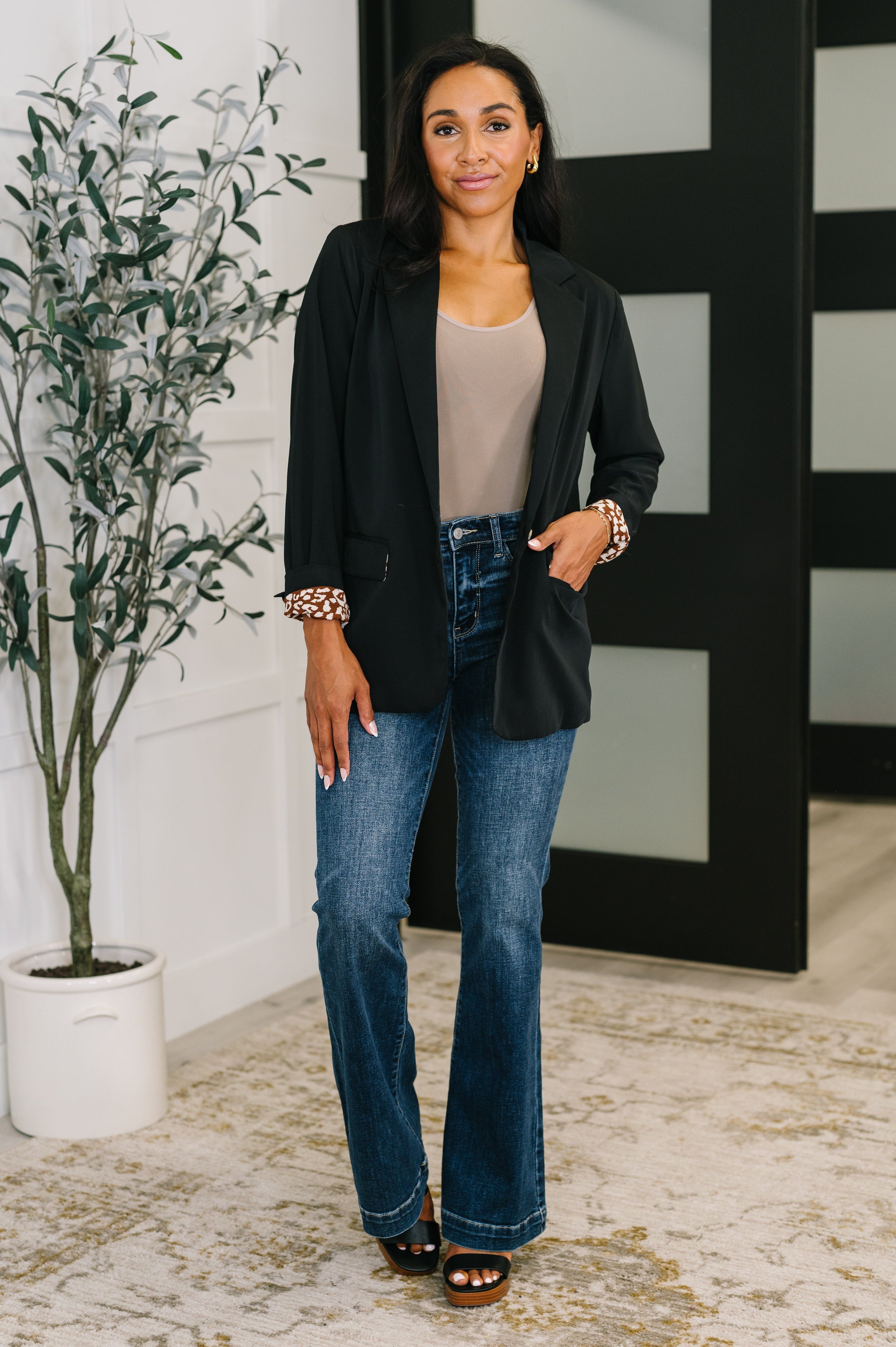 Jodifl Every Day Blazer in Black with Leopard Accent Layers