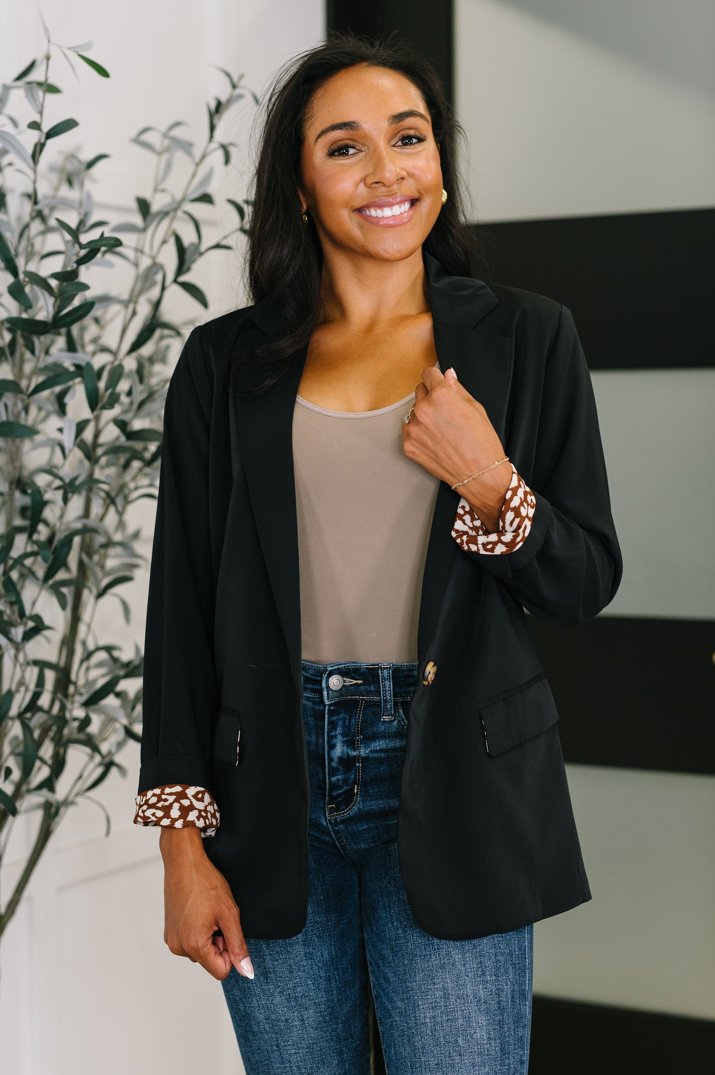 Jodifl Every Day Blazer in Black with Leopard Accent Layers