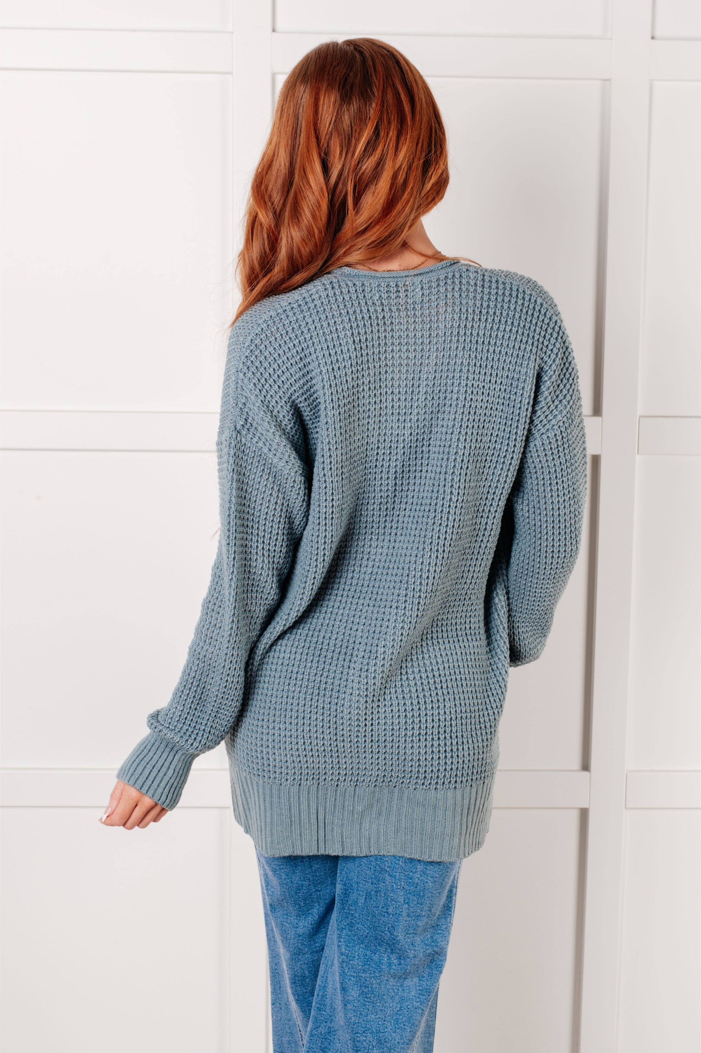 Zenana Everything Layer Waffle Knit Open Front Cardigan in Blue Grey Layers