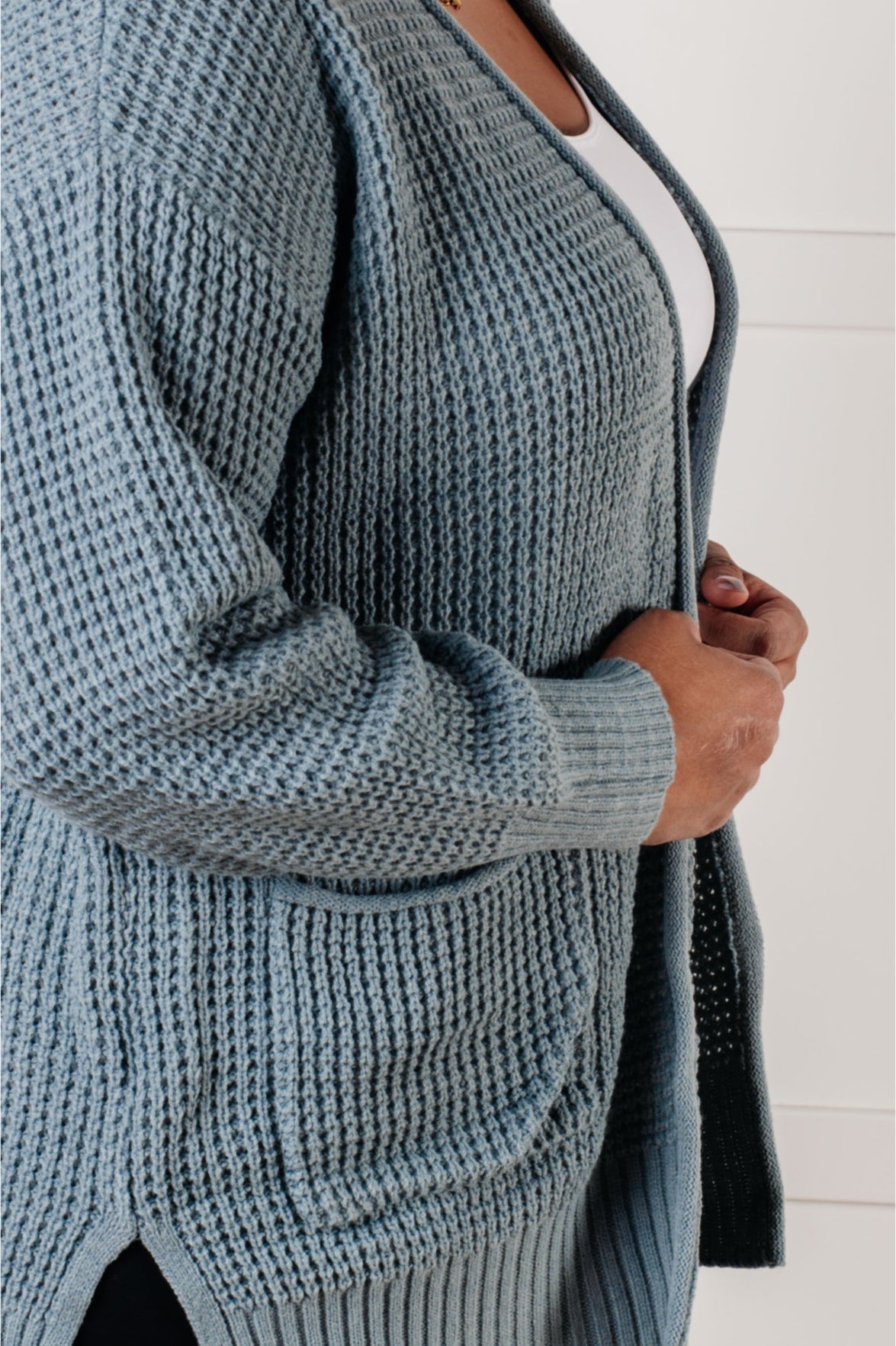 Zenana Everything Layer Waffle Knit Open Front Cardigan in Blue Grey Layers