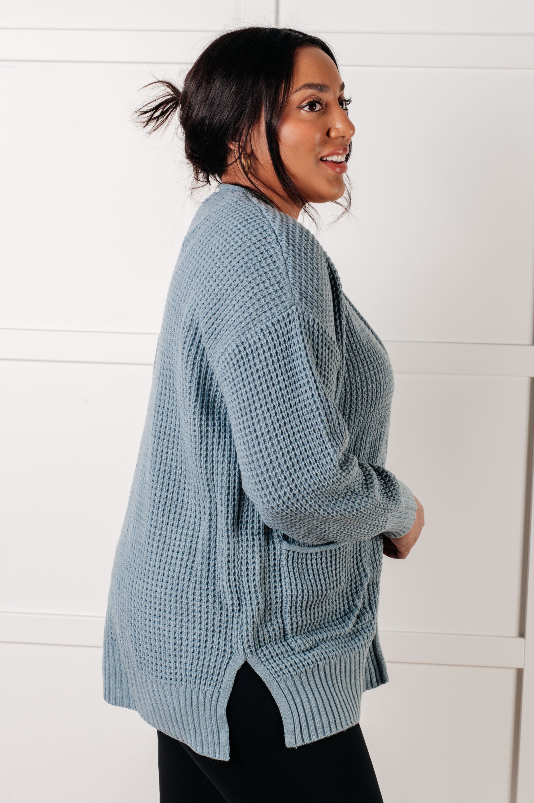 Zenana Everything Layer Waffle Knit Open Front Cardigan in Blue Grey Layers