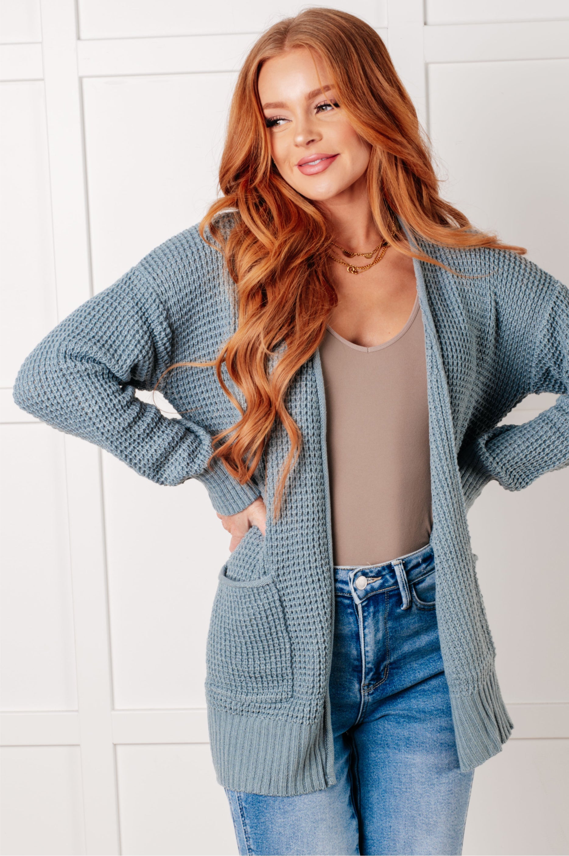 Zenana Everything Layer Waffle Knit Open Front Cardigan in Blue Grey Layers