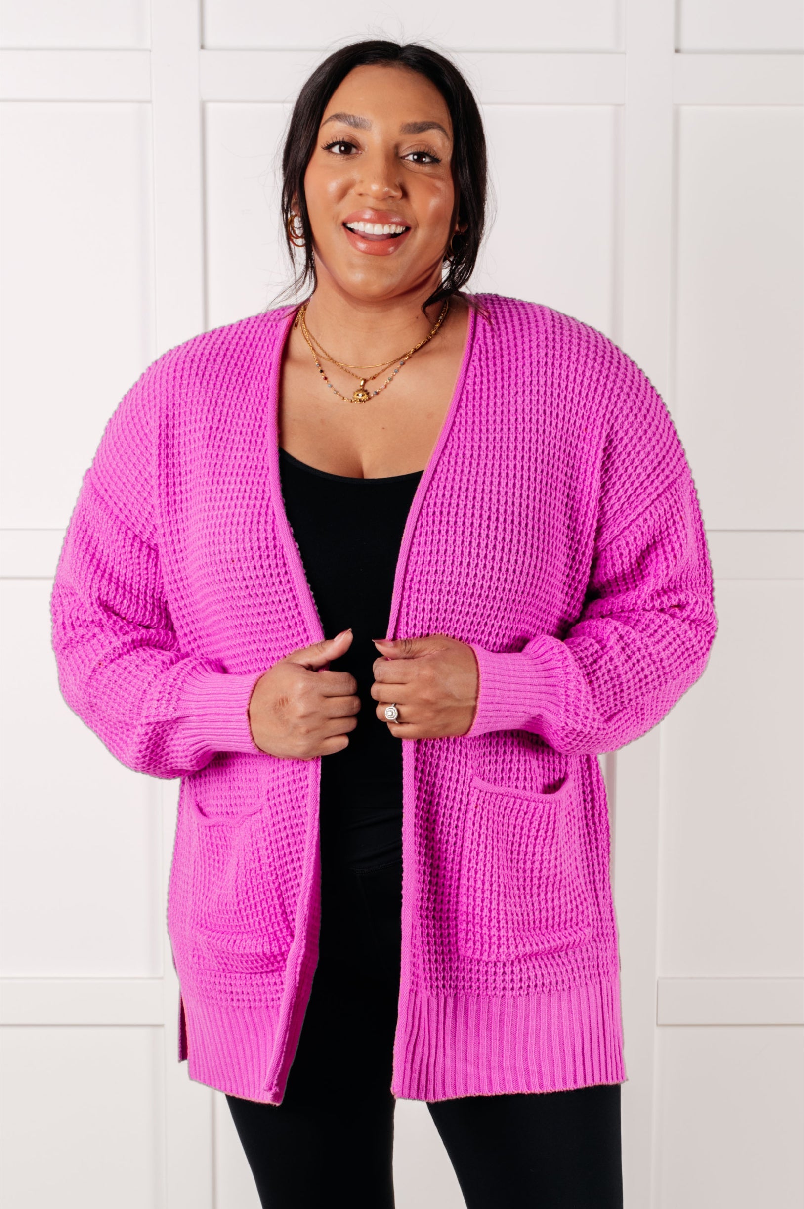 Zenana Everything Layer Waffle Knit Open Front Cardigan in Bright Mauve 3XL Layers