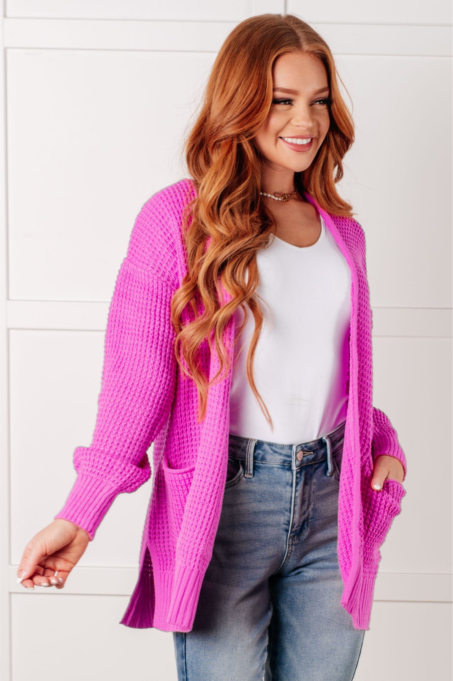 Zenana Everything Layer Waffle Knit Open Front Cardigan in Bright Mauve Layers