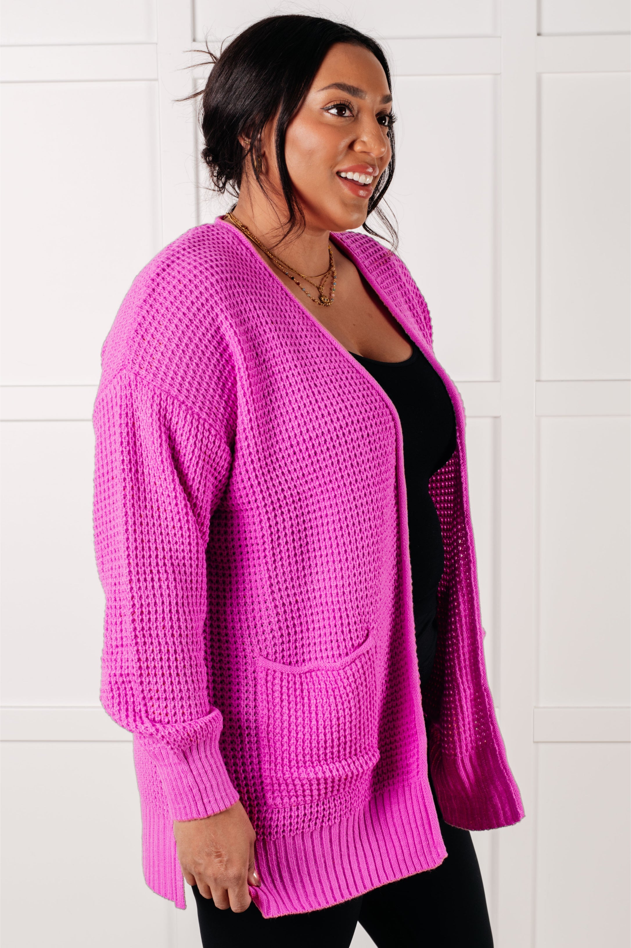 Zenana Everything Layer Waffle Knit Open Front Cardigan in Bright Mauve Layers