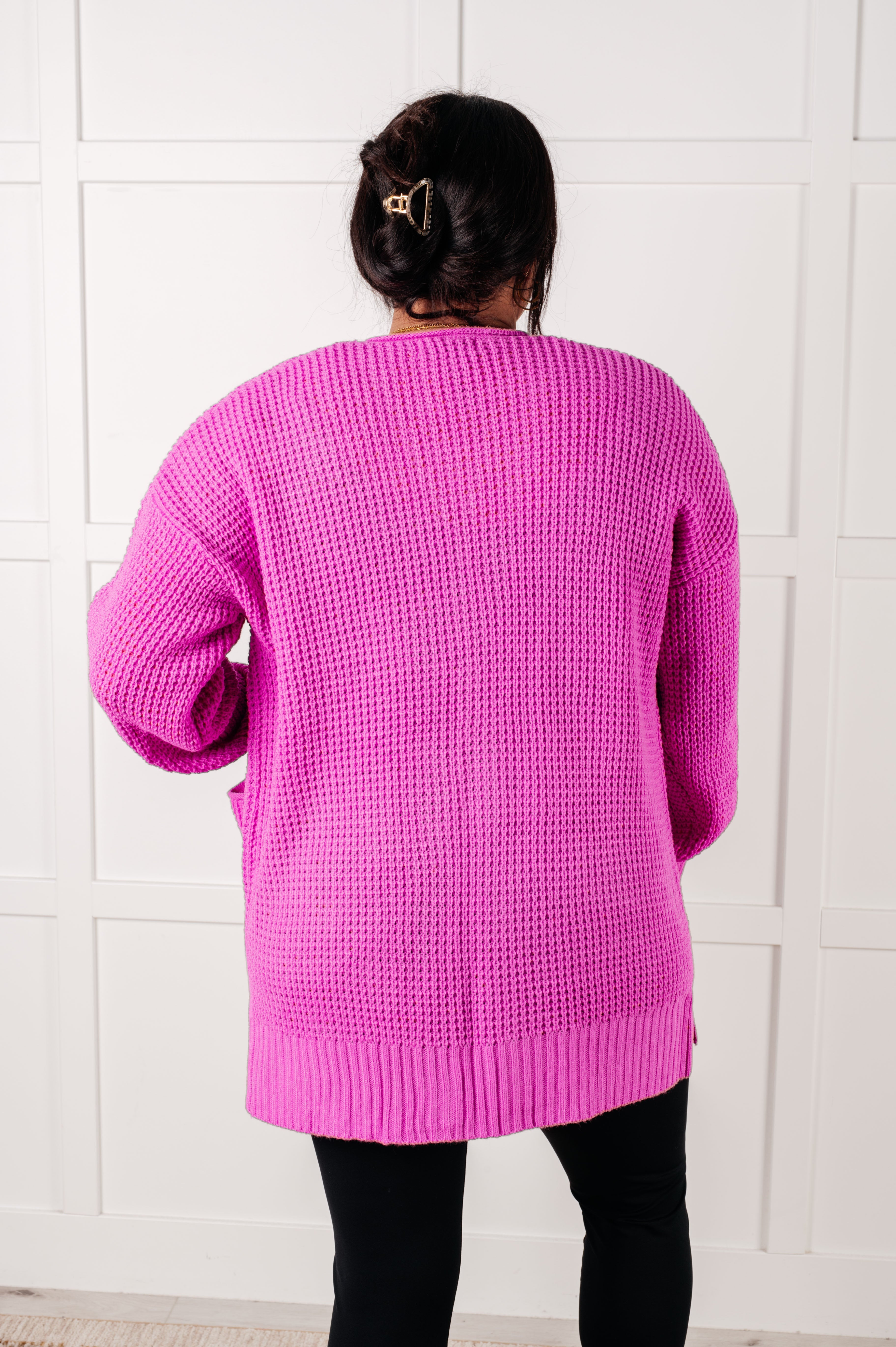 Zenana Everything Layer Waffle Knit Open Front Cardigan in Bright Mauve Layers