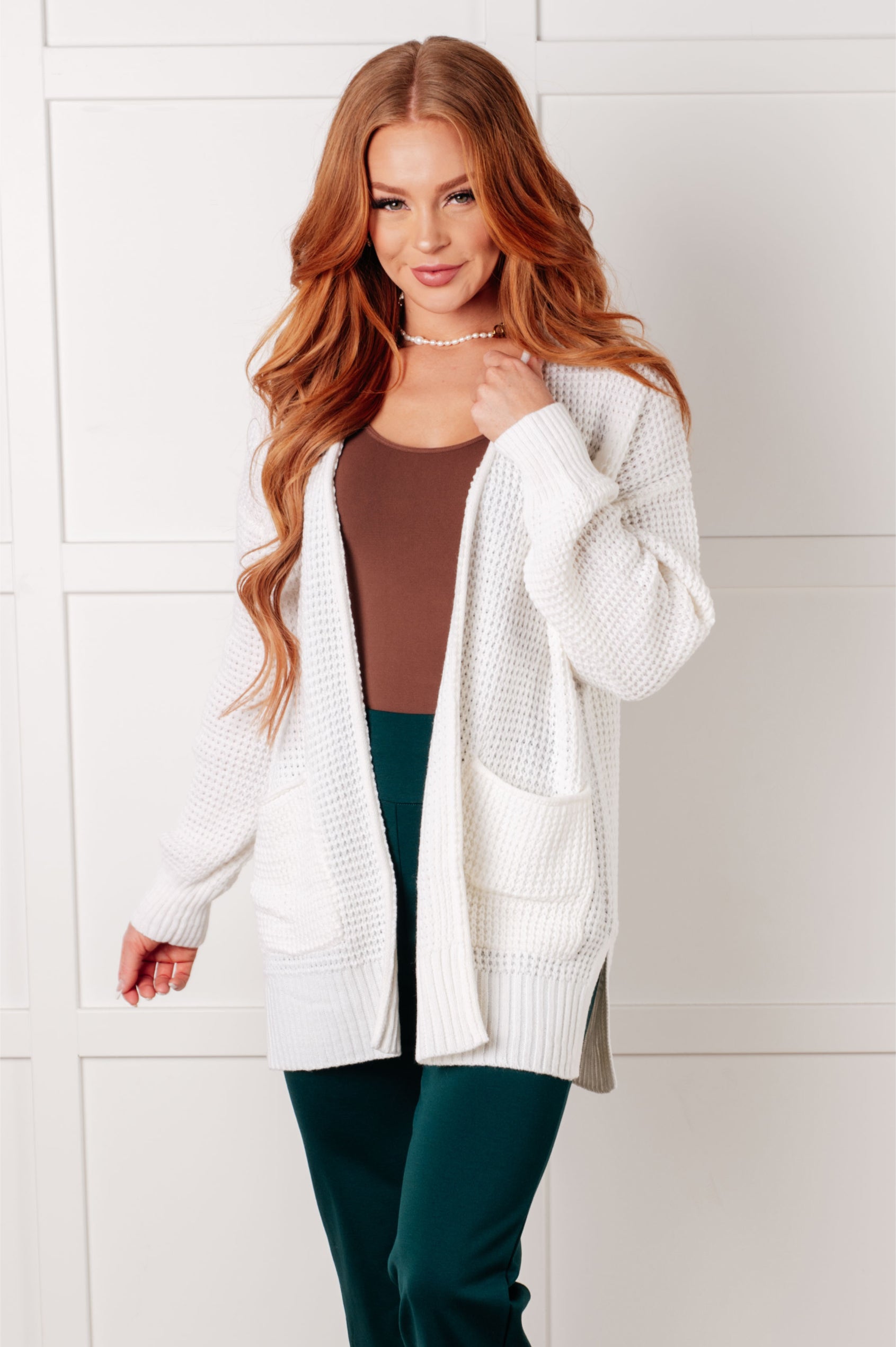 Zenana Everything Layer Waffle Knit Open Front Cardigan in Ivory Layers