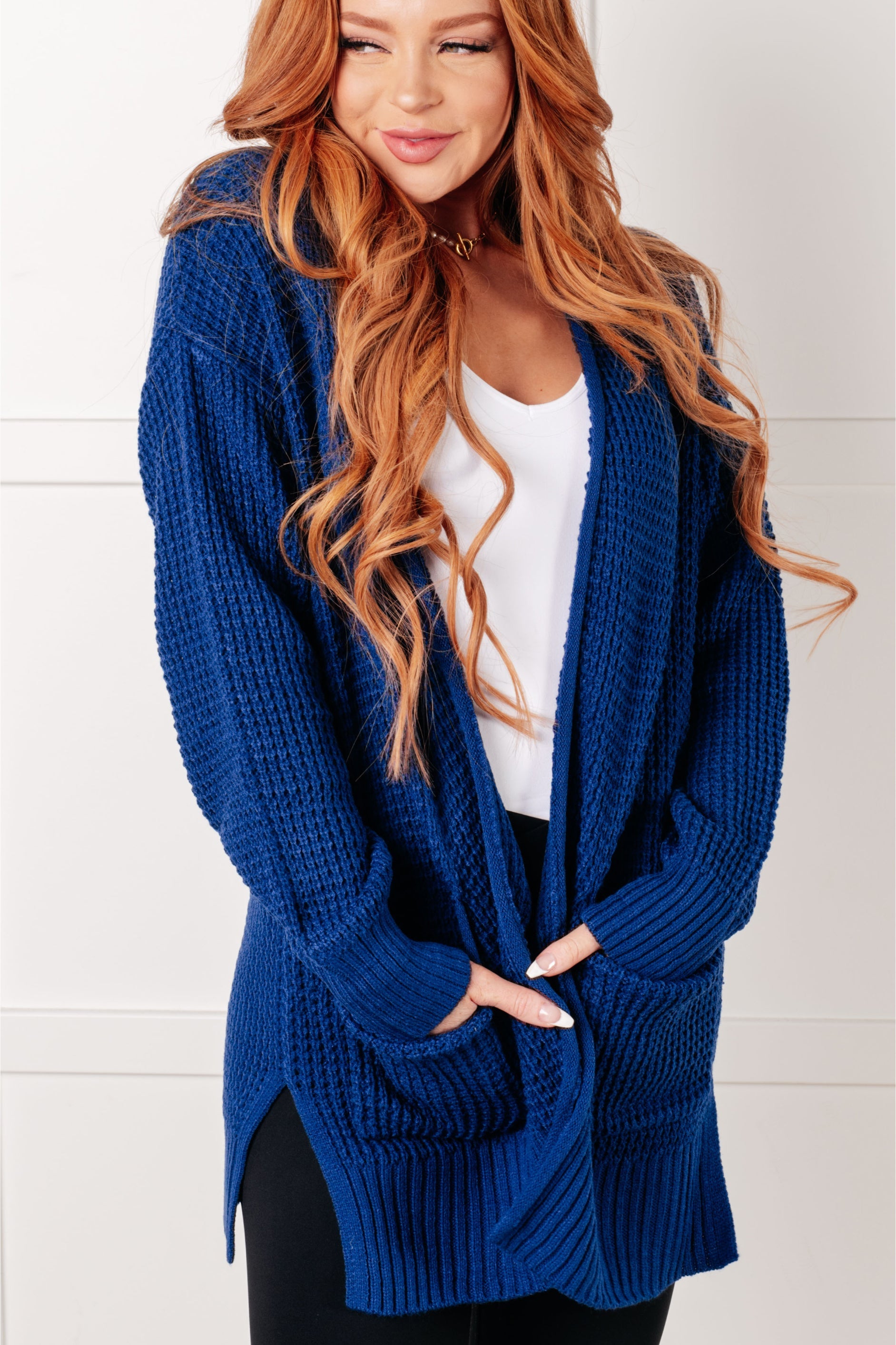 Zenana Everything Layer Waffle Knit Open Front Cardigan in Light Navy Layers